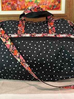 Lesportsac Black Polka Dot Travel Duffle with Floral Straps